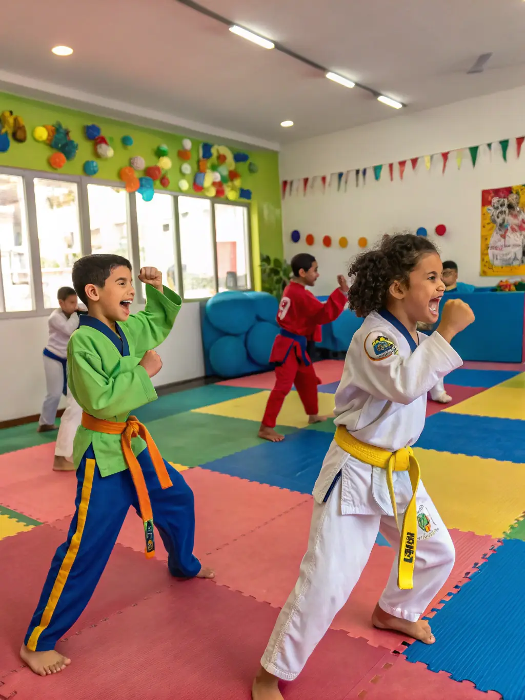 A dynamic Kung Fu class in action, with students demonstrating various stances, strikes, and blocks, emphasizing the discipline, strength, and agility developed through the training.