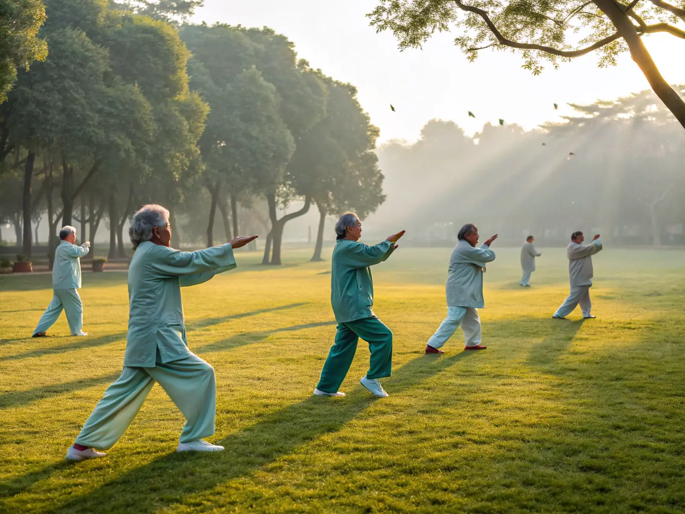 A group of students practicing Tai Chi in a serene outdoor setting, focusing on slow, deliberate movements and postures, emphasizing the health and wellness aspects of the practice.