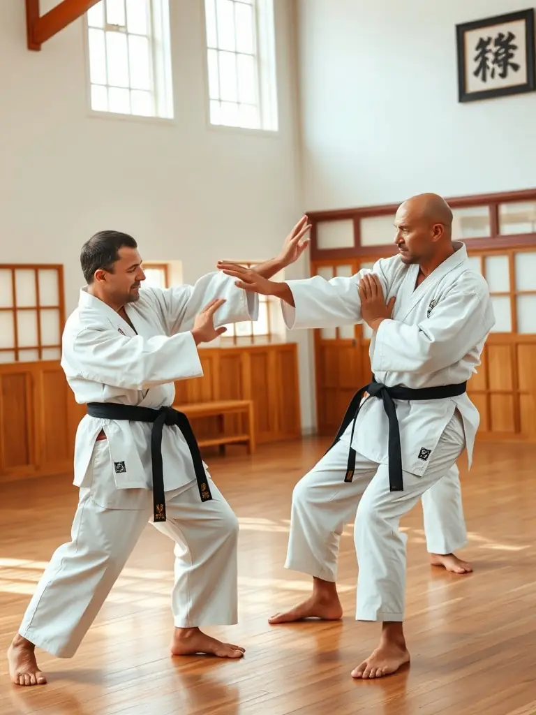 A dynamic shot of students engaged in a Kung Fu training session, showcasing powerful stances, strikes, and blocks, highlighting the physical conditioning and self-defense aspects.