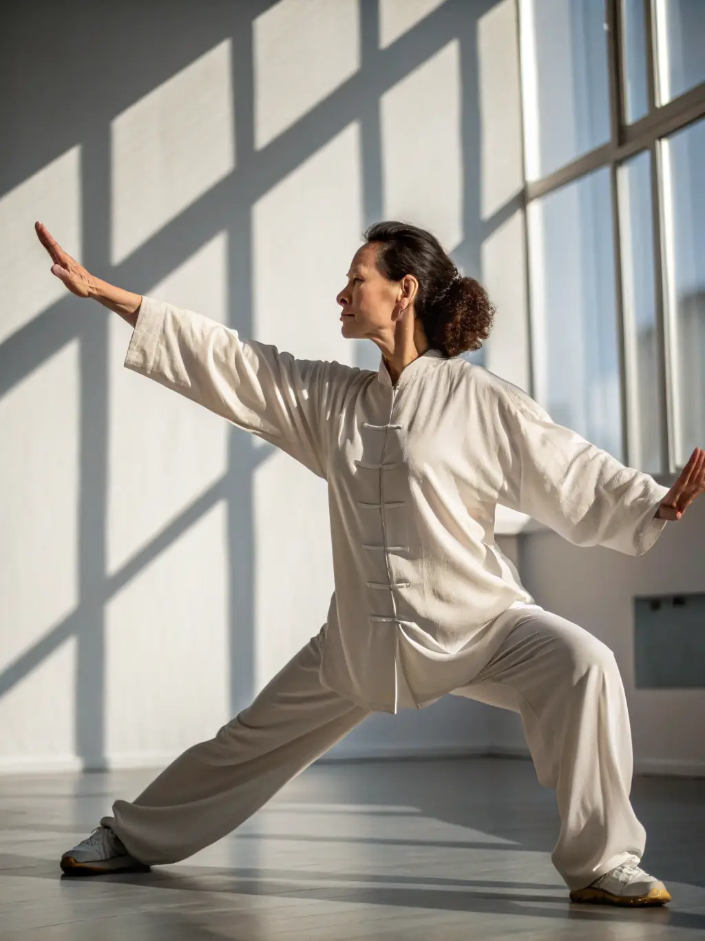 A close-up image of a Qigong master guiding students through a meditative exercise, emphasizing energy flow, posture, and mental clarity, suitable for illustrating the spiritual and healing aspects of the program.