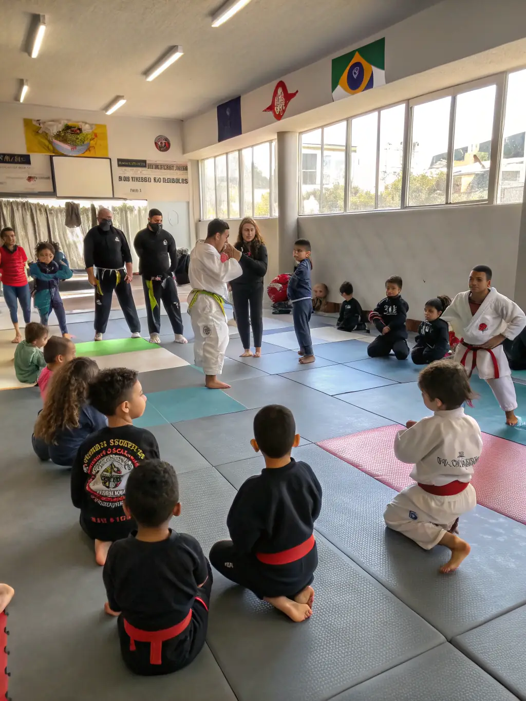An image of children participating in a martial arts class, showcasing their enthusiasm, coordination, and teamwork, suitable for illustrating the youth programs offered by the club.