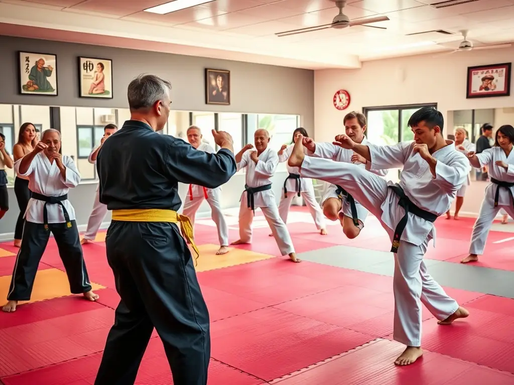 A dynamic image of students engaged in a Kung Fu training session, showcasing powerful stances, strikes, and blocks, highlighting the discipline and physical conditioning involved.