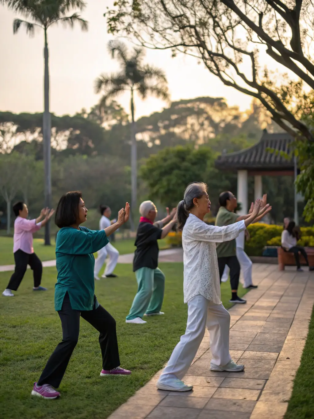 A Qigong session taking place indoors, with participants performing synchronized movements to cultivate energy flow and promote healing, highlighting the holistic approach of the practice.