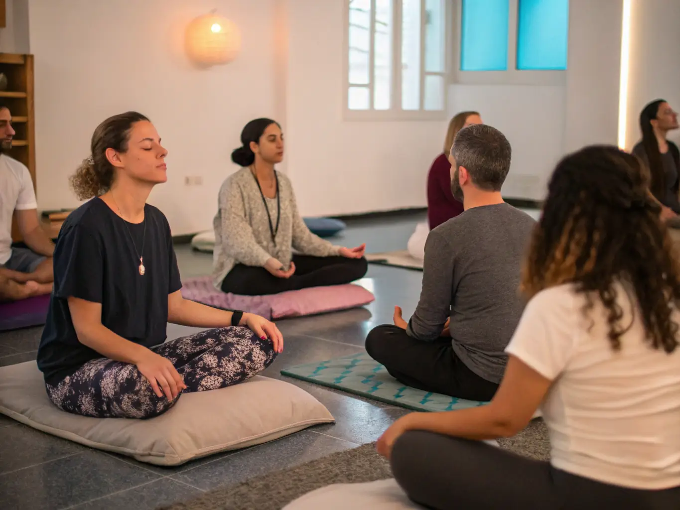 A focused image of a Qigong instructor guiding students through breathing exercises and meditative movements, emphasizing the connection between mind, body, and spirit.