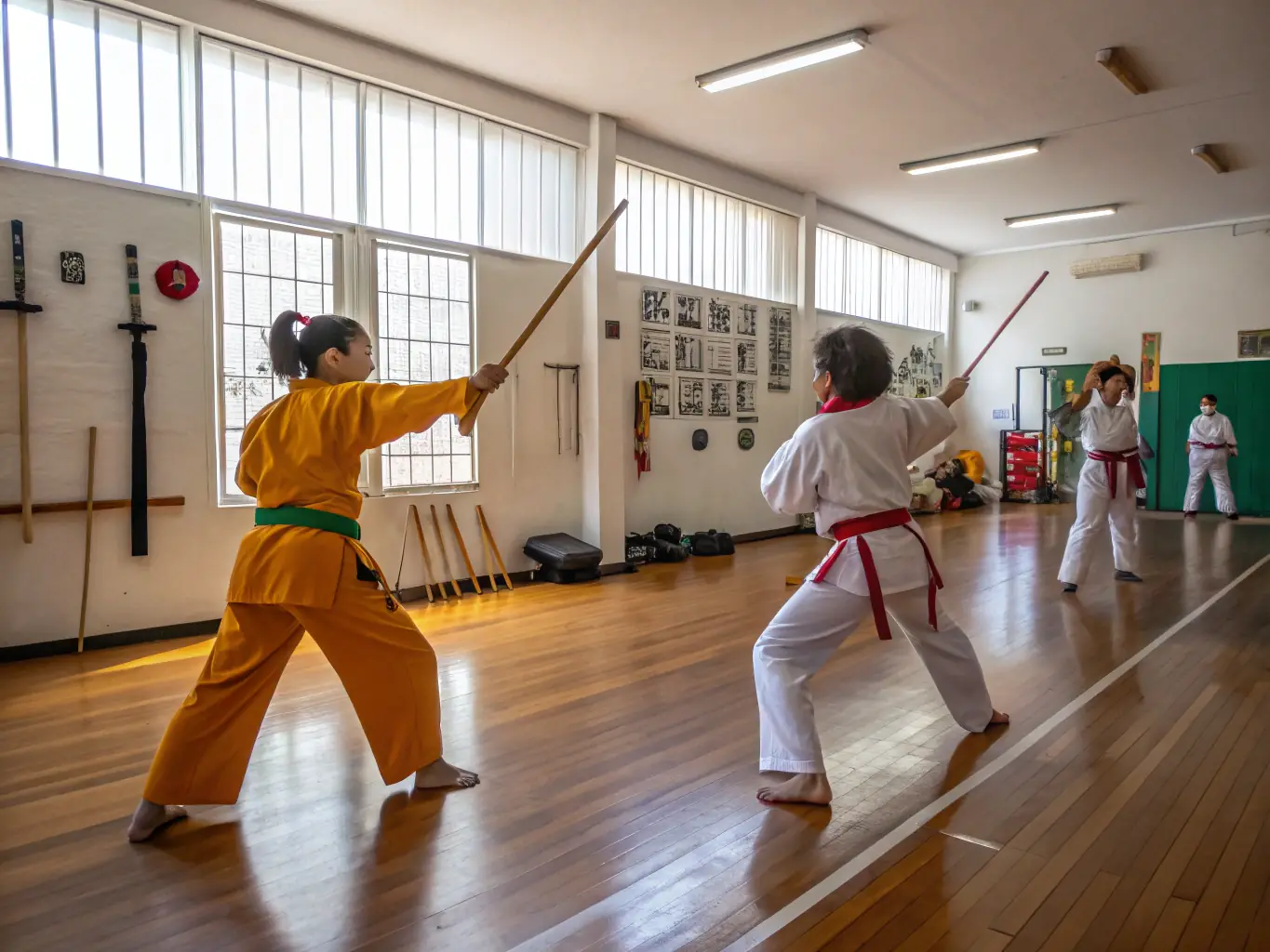 A dynamic image of students engaged in a Kung Fu training session, showcasing powerful stances and focused energy in a traditional dojo setting.