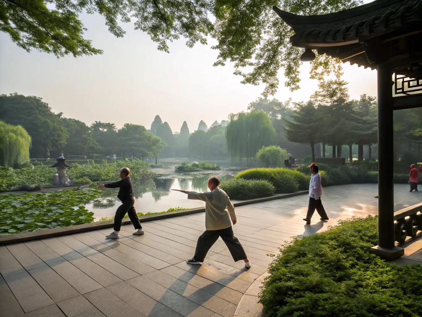 A serene image of participants practicing Tai Chi in a park, emphasizing slow, deliberate movements and a sense of inner peace.