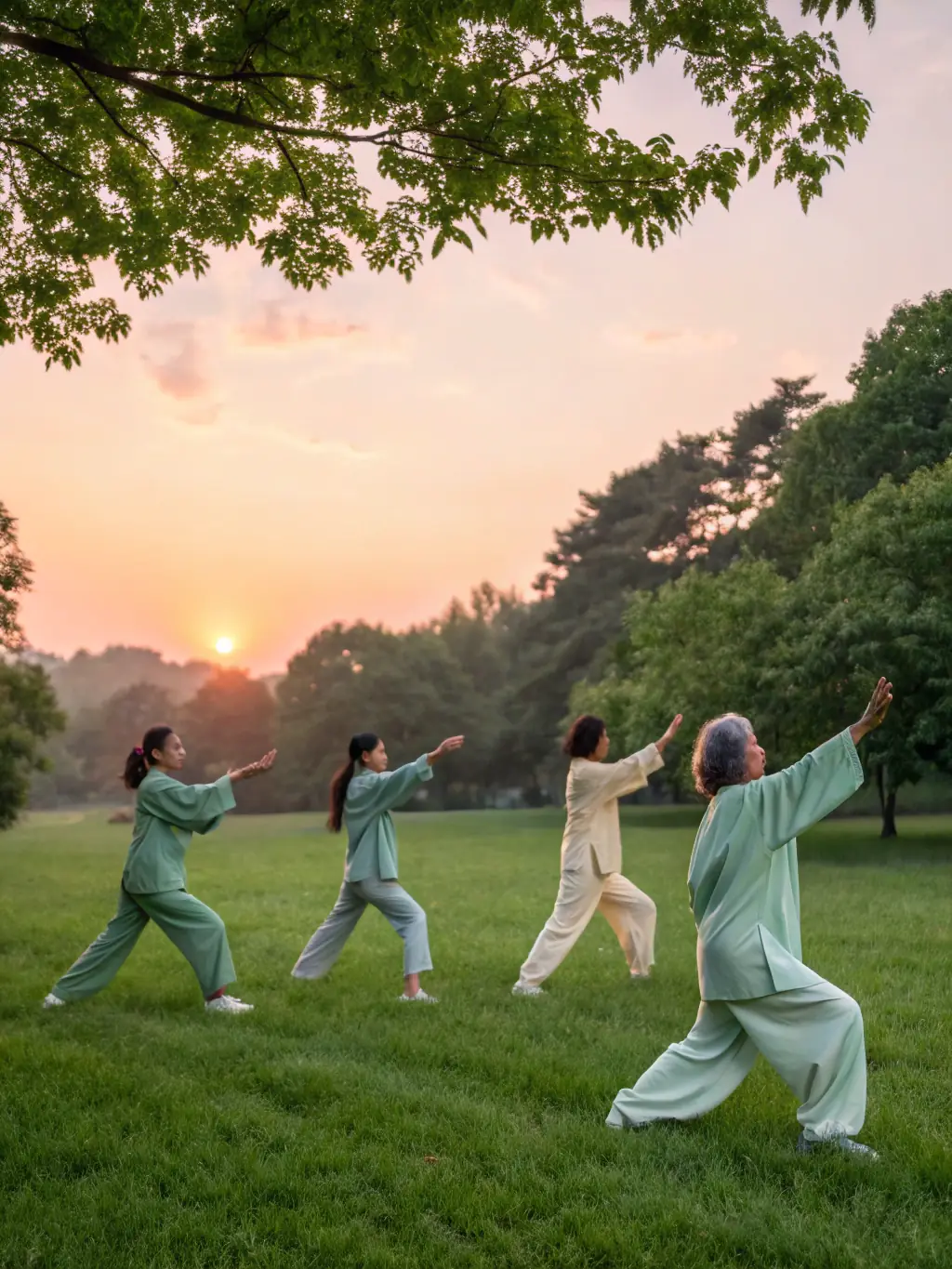 A focused image of students practicing Tai Chi in a serene park setting, emphasizing slow, deliberate movements and focused breathing, suitable for illustrating the health and wellness aspects of the program.