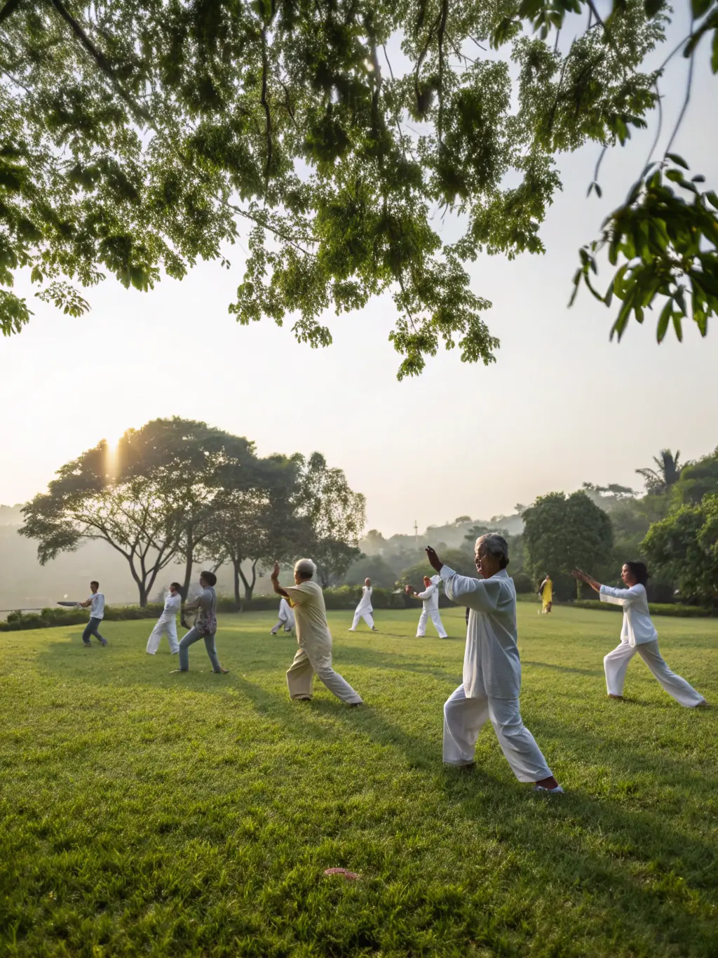 A group of students practicing Tai Chi in a serene park setting, focusing on slow, deliberate movements and mindful breathing, showcasing the health and wellness benefits of the program.