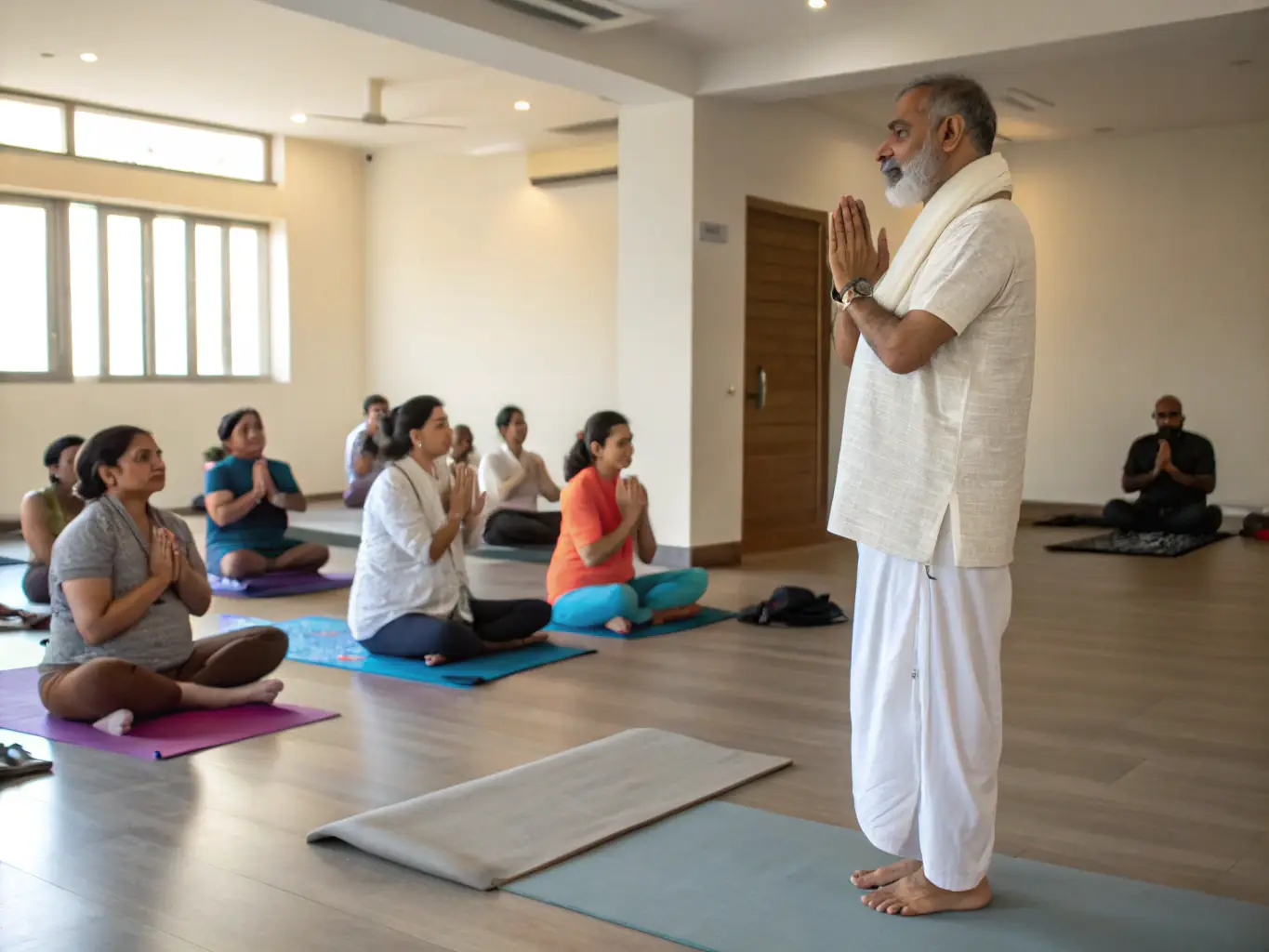 An image of a Qigong master leading a group in a breathing exercise, highlighting the connection between breath, movement, and energy flow.